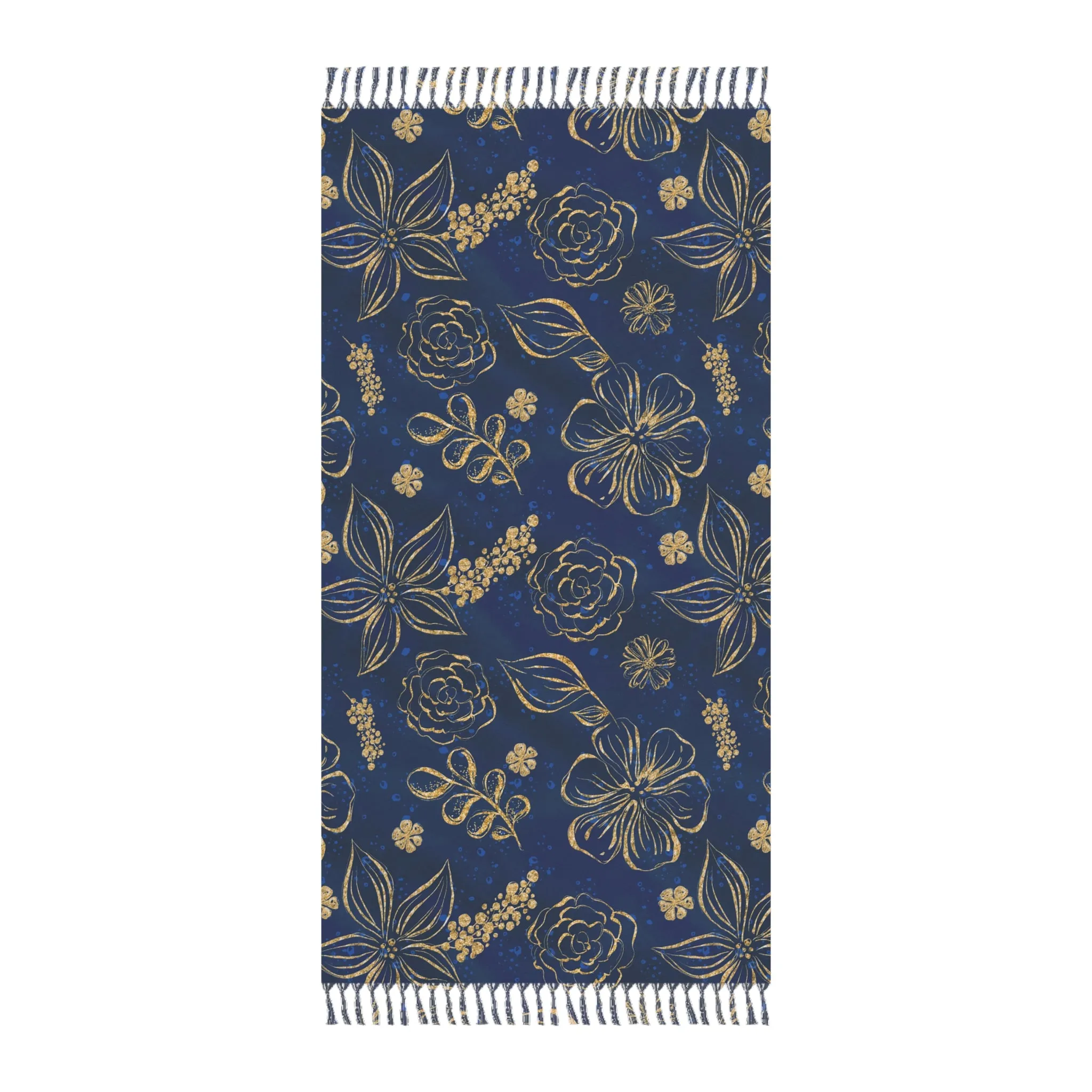 Boho Beach Towel, Blue and Gold Flowers