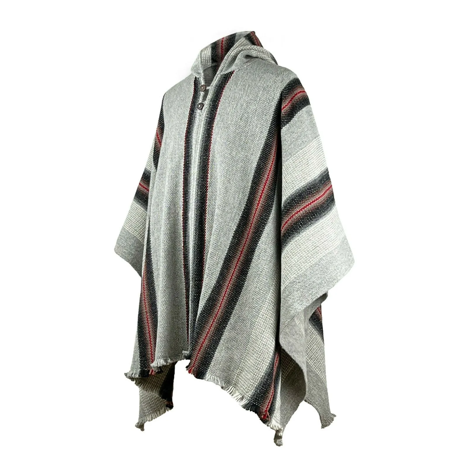 Congüime - Llama Wool Unisex South American Handwoven Thick Hooded Poncho - striped - gray