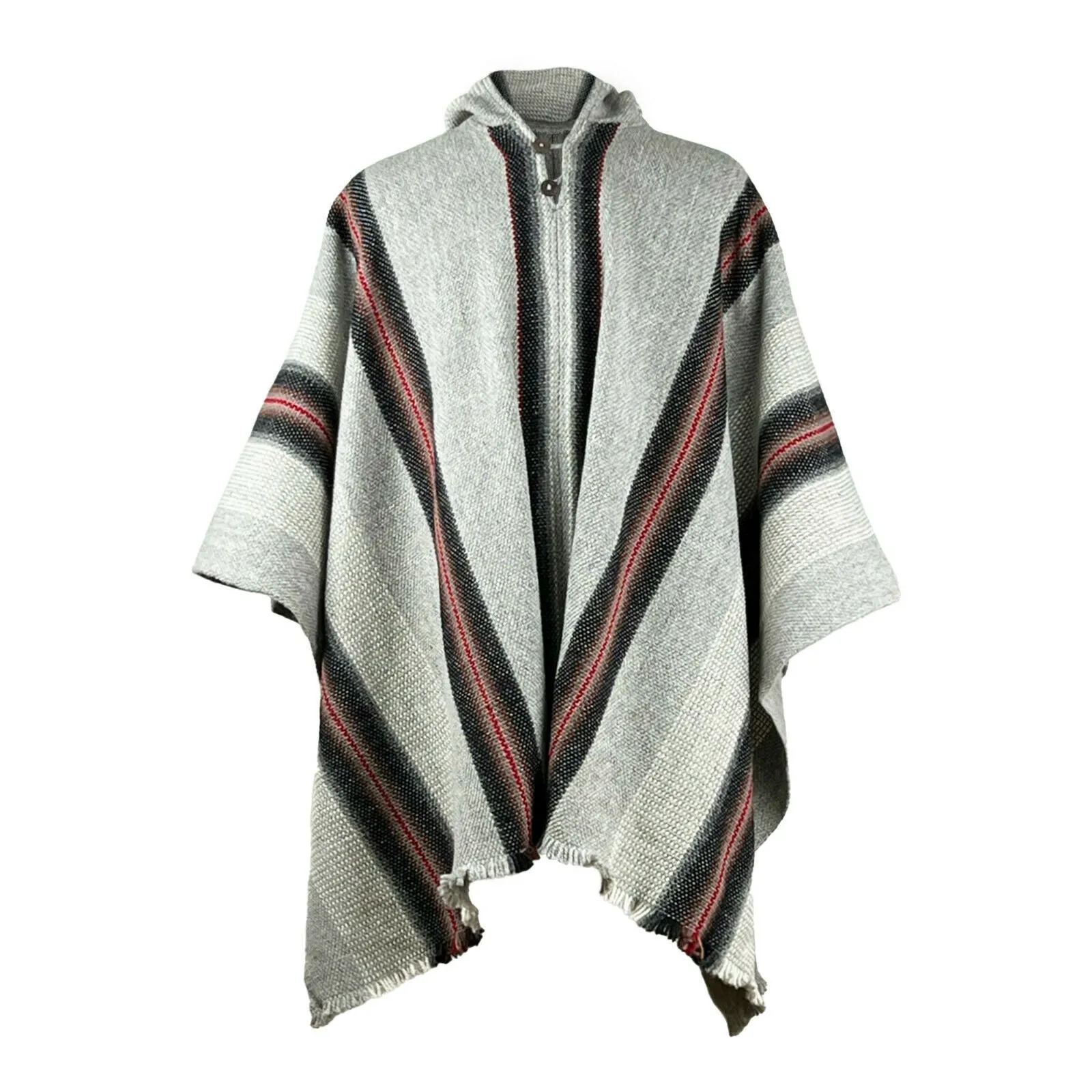 Congüime - Llama Wool Unisex South American Handwoven Thick Hooded Poncho - striped - gray