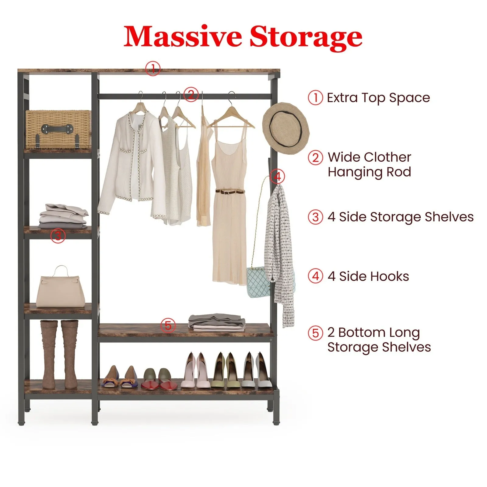 Freestanding Closet Organizer, Garment Rack with 4-Tier Shelves