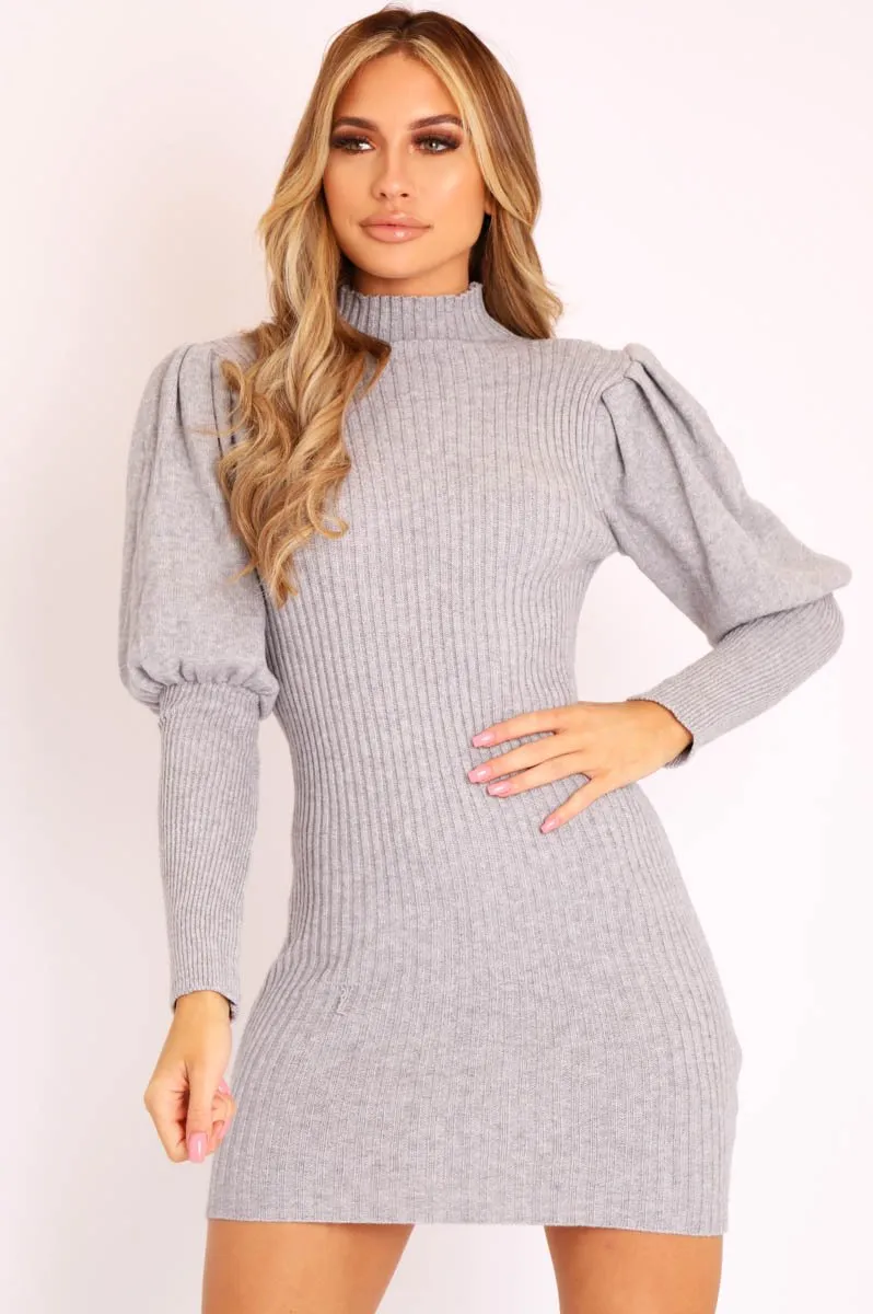 Grey High Neck Balloon Sleeve Bodycon Jumper Dress - Ginna