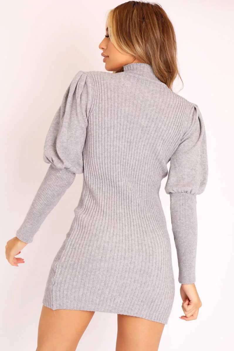 Grey High Neck Balloon Sleeve Bodycon Jumper Dress - Ginna