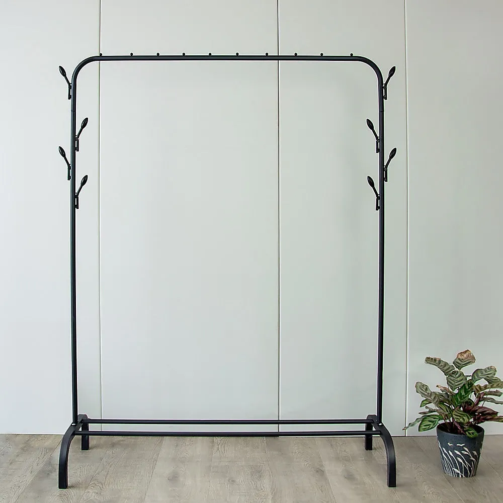 Heavy-Duty Black Metal Garment Rack,  Hooks, Shelf