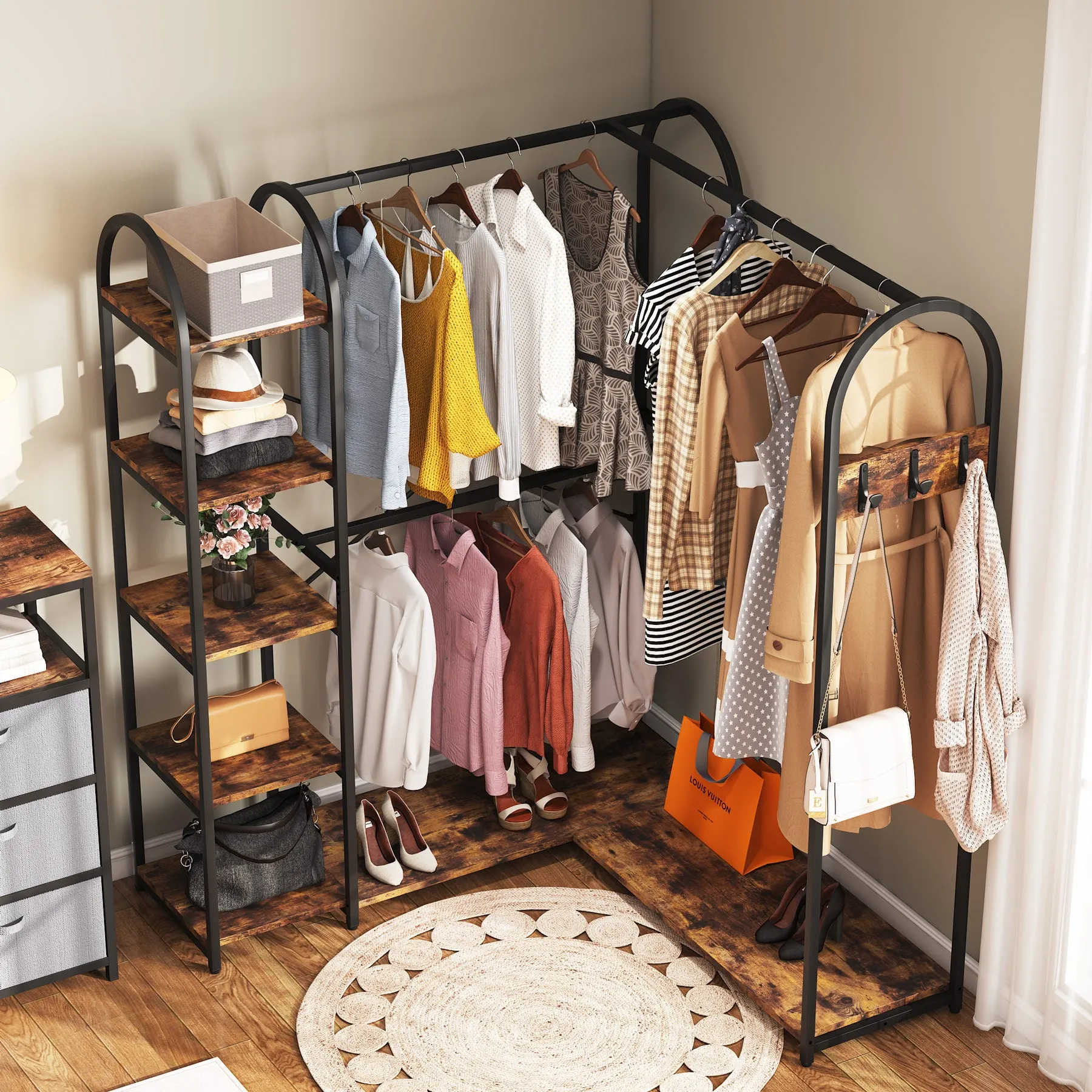 L-Shaped Clothes Rack, Corner Garment Rack with Storage Shelves