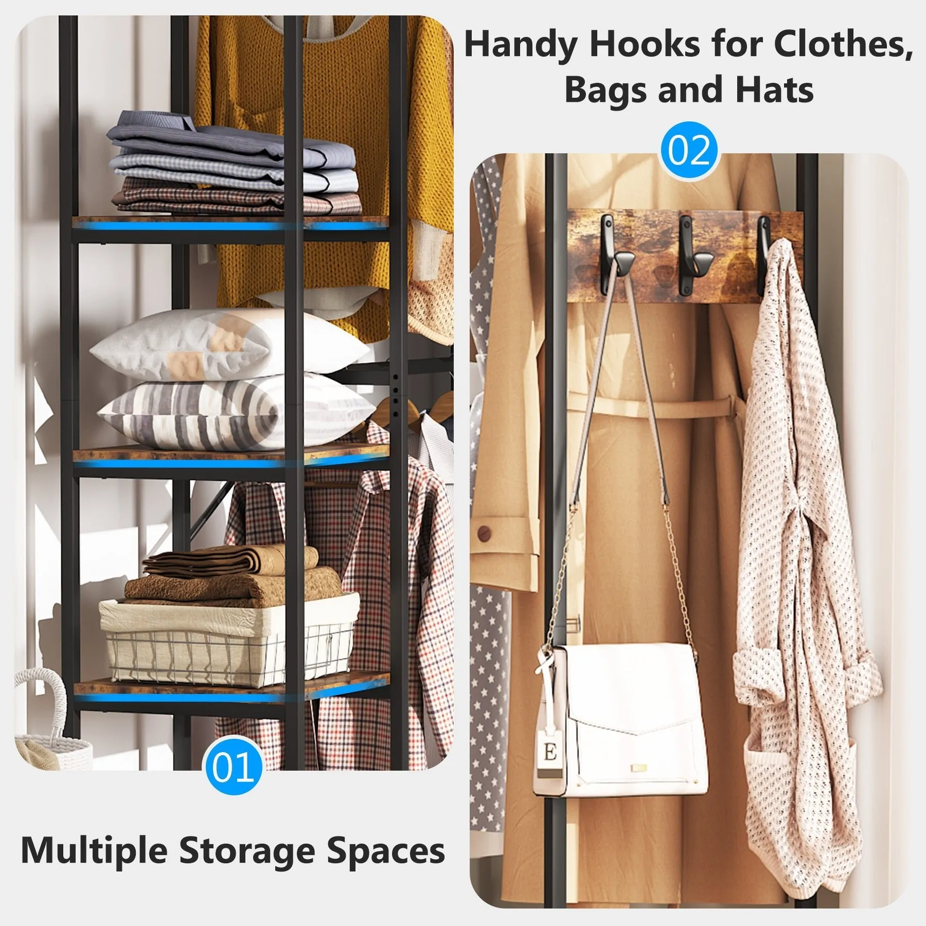 L-Shaped Clothes Rack, Corner Garment Rack with Storage Shelves