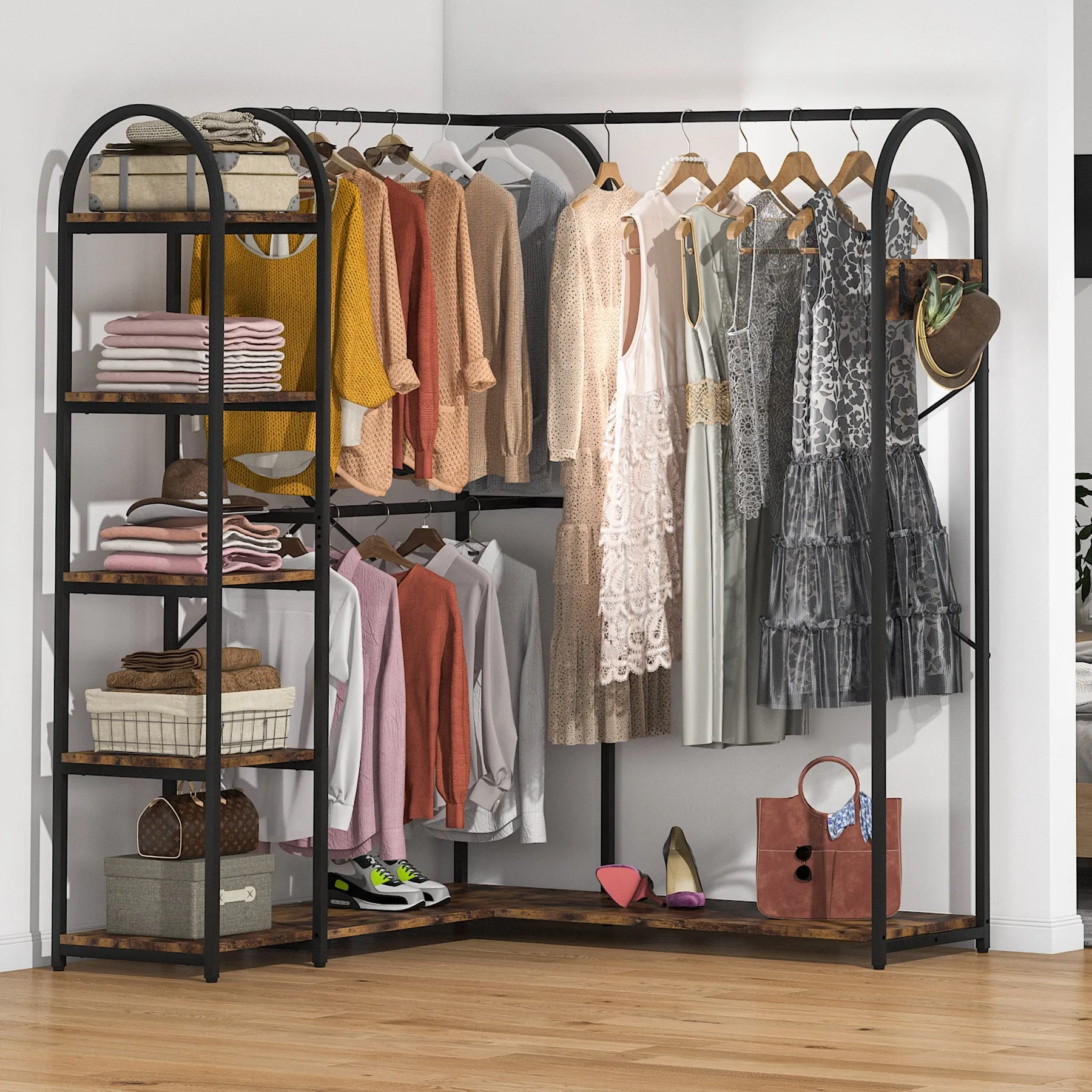 L-Shaped Clothes Rack, Corner Garment Rack with Storage Shelves