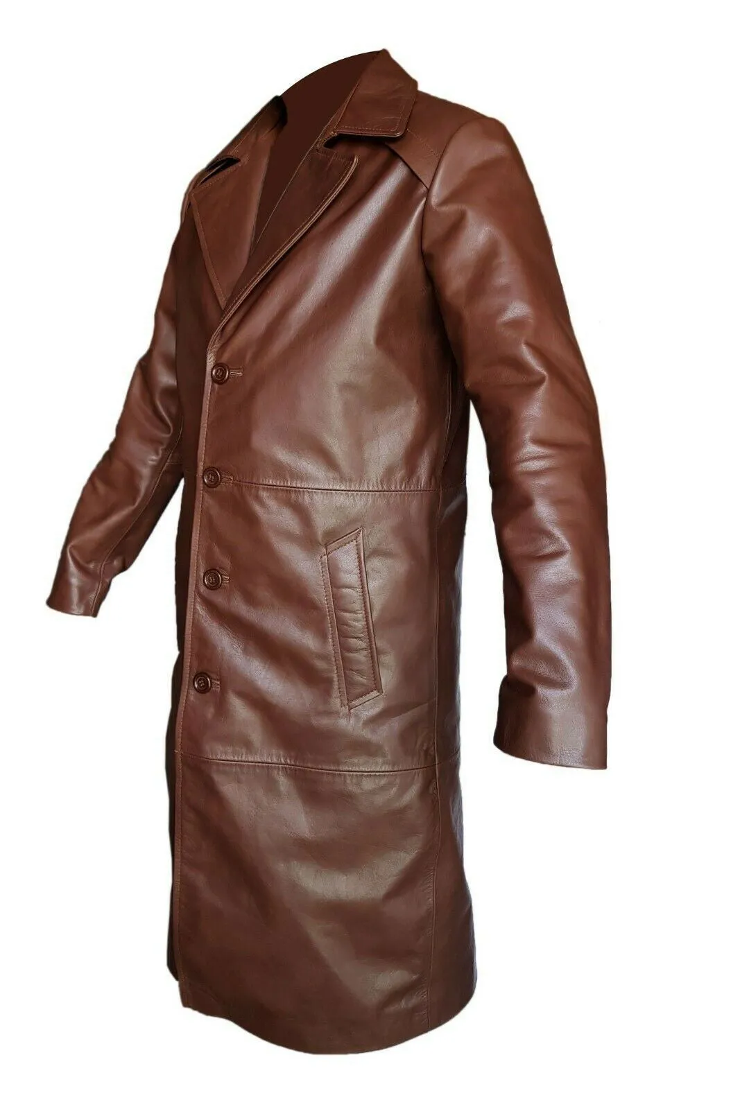 Mens Brown Cow Leather Goth Matrix Trench Steampunk winter Coat - T30