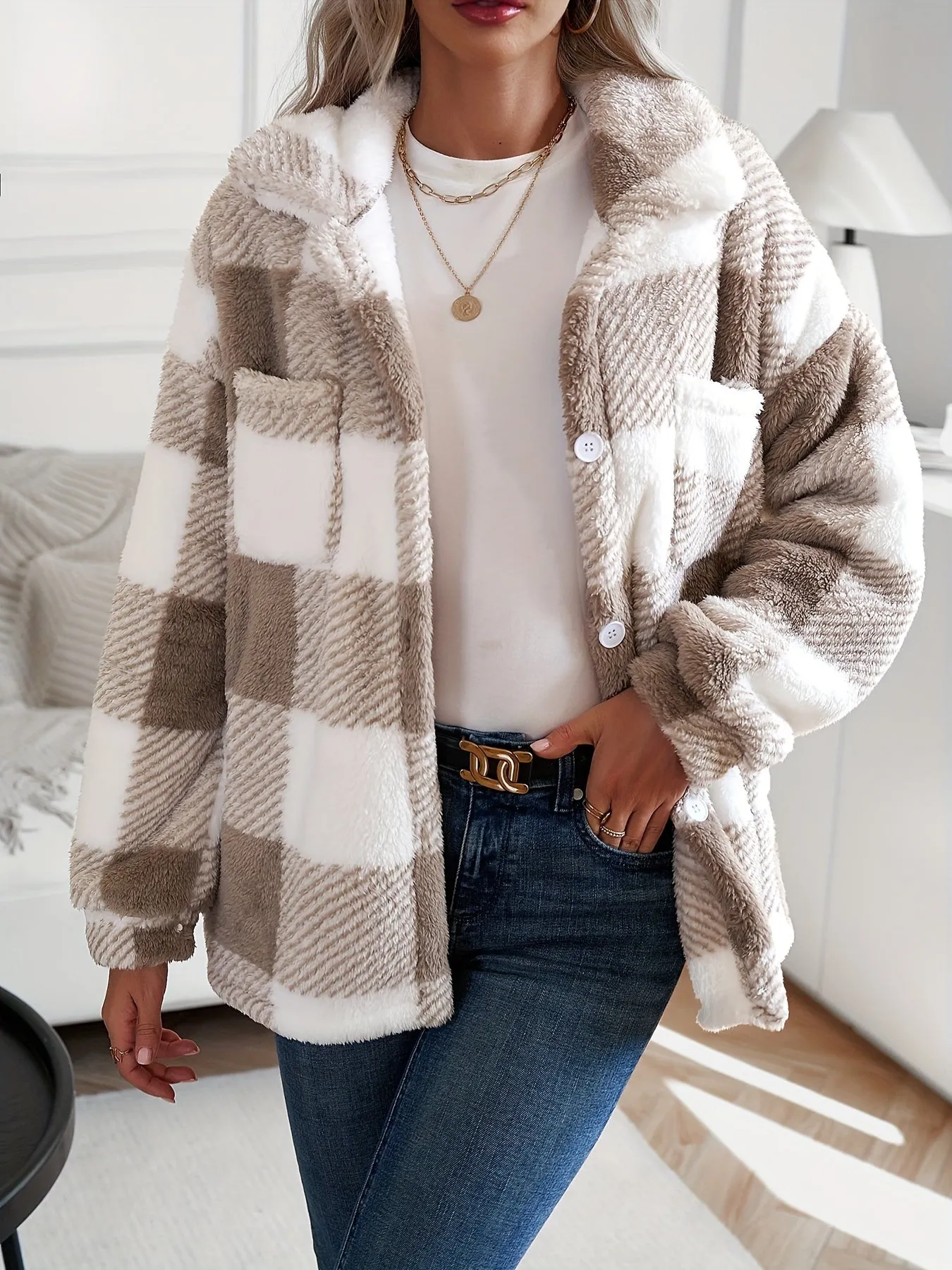 Plaid Pattern Teddy Coat, Casual Button Front Long Sleeve Outerwear, Women's Clothing