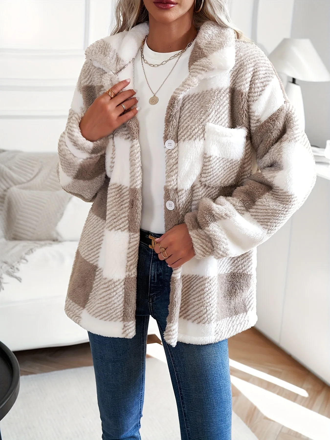 Plaid Pattern Teddy Coat, Casual Button Front Long Sleeve Outerwear, Women's Clothing