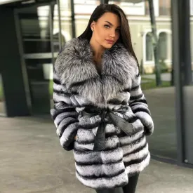 Rabbit Fur Coat with Silver Fox Fur Collar - Luxurious Winter Jacket