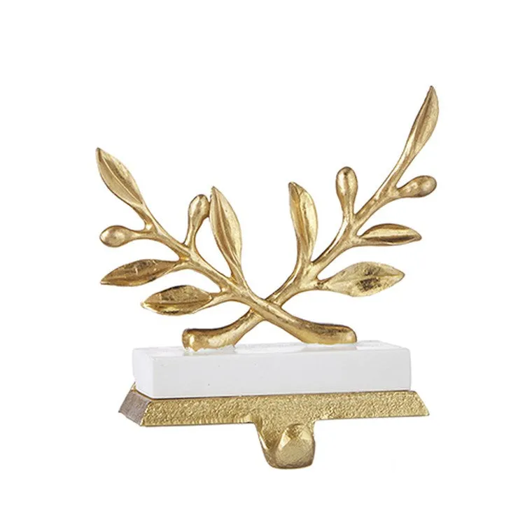 Raz Imports 2022 Evergreen & Gold 7" Gold Laurel Leaf Stocking Holder