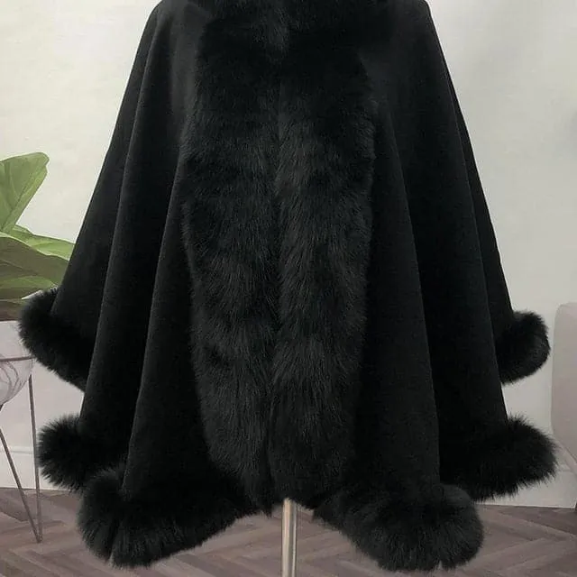 Real Fox Fur Coats - Luxurious, Warm & Timeless - V-Neck, Batwing Sleeves, Cashmere Blend - Sizes Available