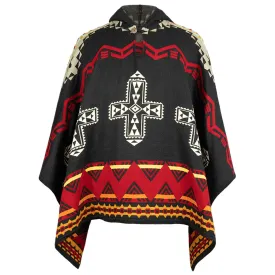 Sarayaku - Harmony of Contrasts Hooded Alpaca-Cotton Poncho - Aztec Geometric Accents