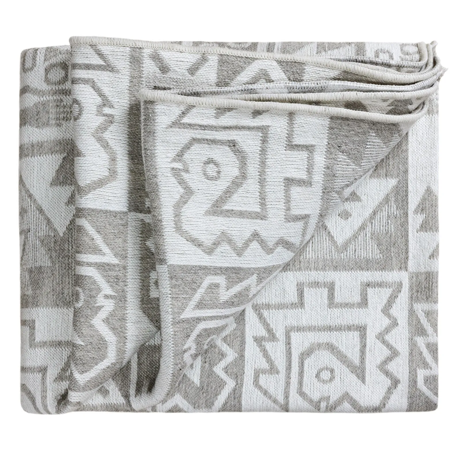 Tiwintza - Heavy and Thick Extra Large Llama wool artisanal handwoven Blanket - Ivory/Gray - Aztec Pattern