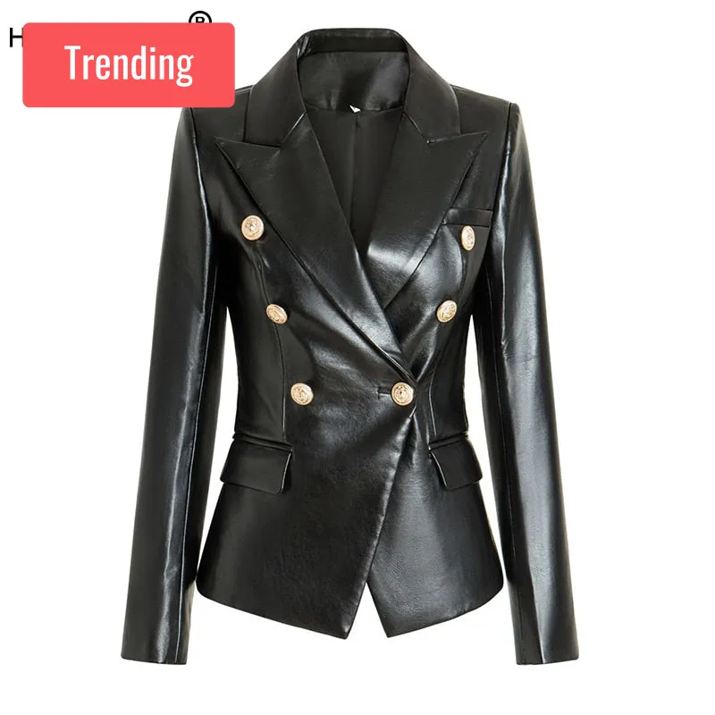 Trendy Black Faux Leather Blazer Jacket