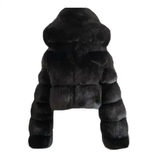 Trendy Cropped Puffy Faux Fur Hooded  Coat