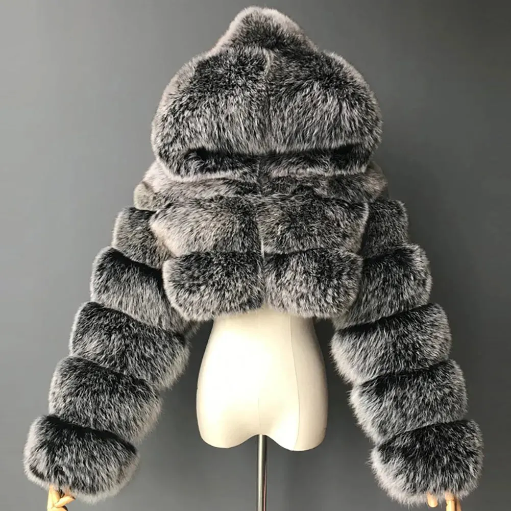 Trendy Cropped Puffy Faux Fur Hooded  Coat