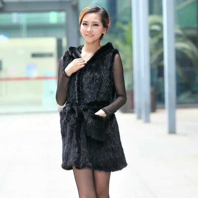 Trendy Knitted Mink Vest Hooded Fur Coat