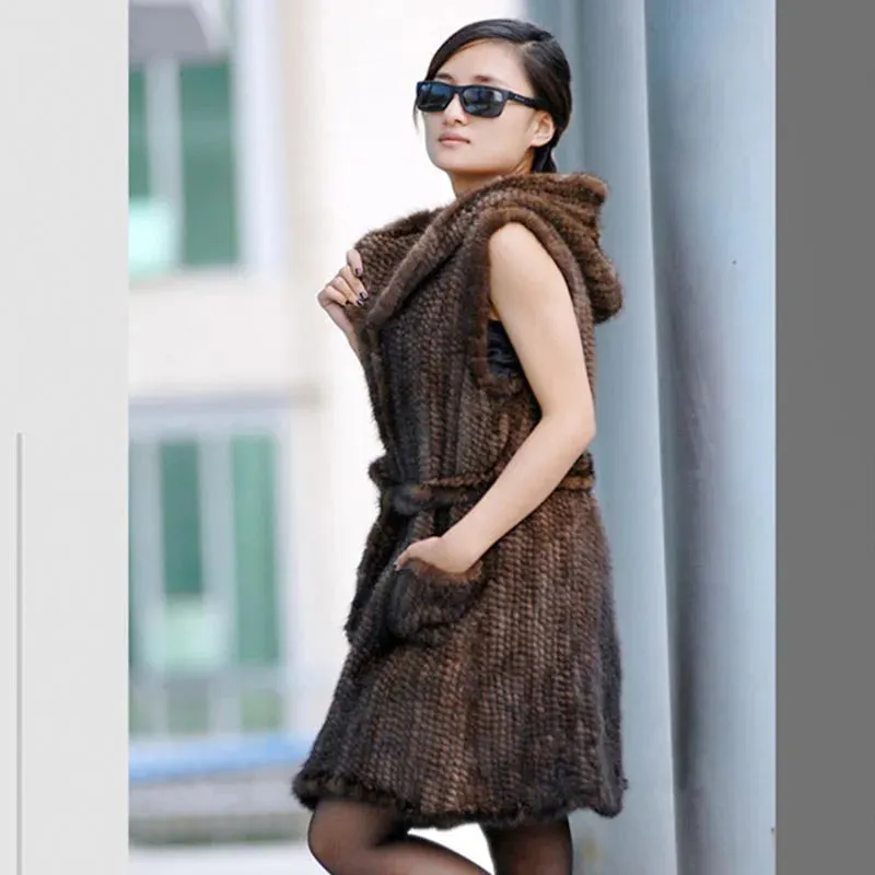 Trendy Knitted Mink Vest Hooded Fur Coat