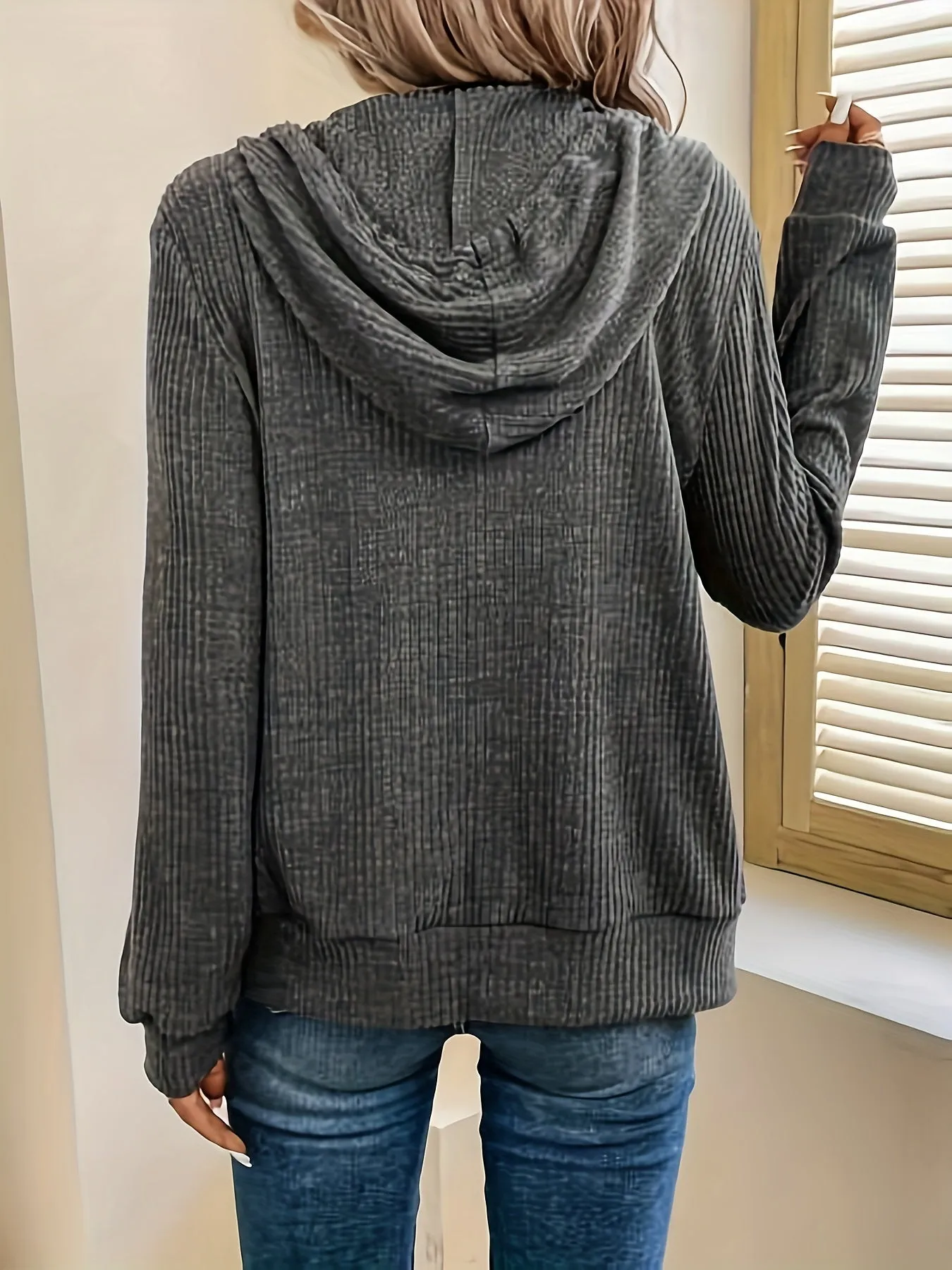 Versatile Ribbed Knit Hooded Jacket Perfect for Spring  Fall