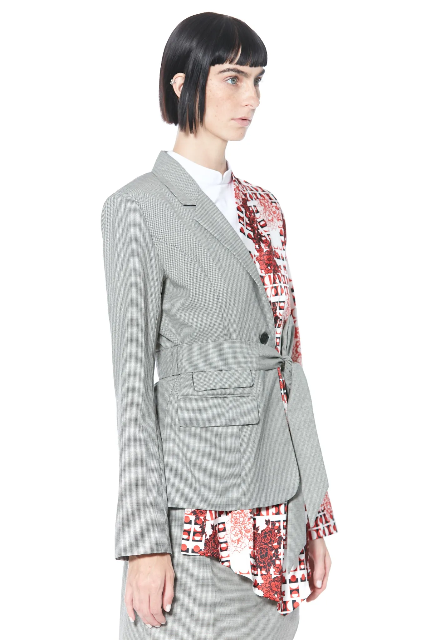 Wool and Silk Printed Red Kimono Style Asymmetric Blazer