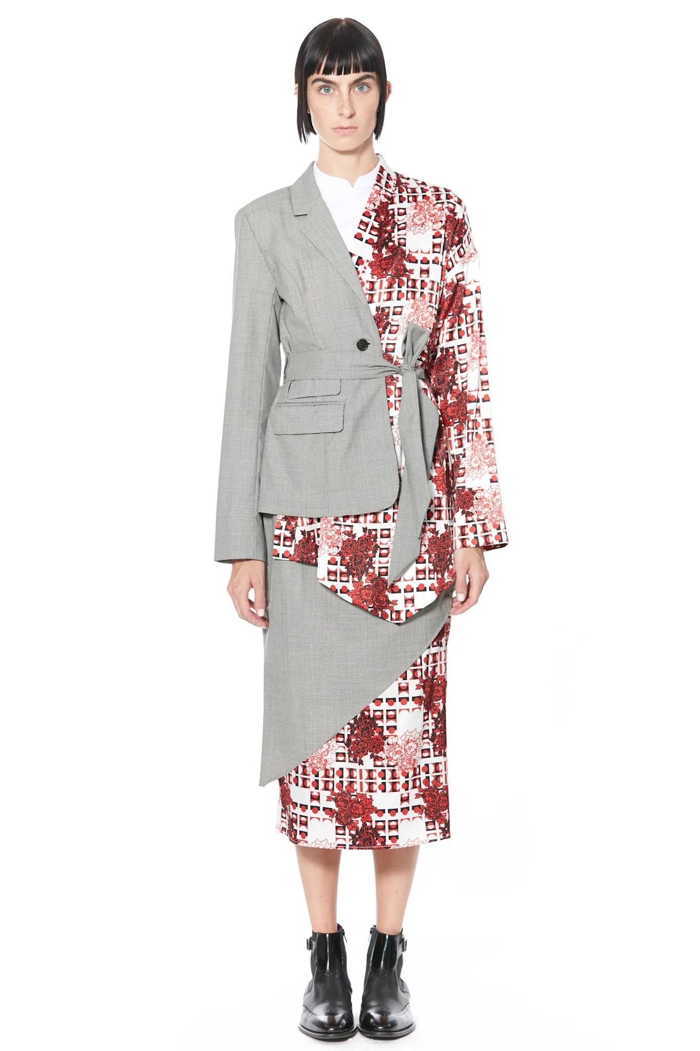 Wool and Silk Printed Red Kimono Style Asymmetric Blazer